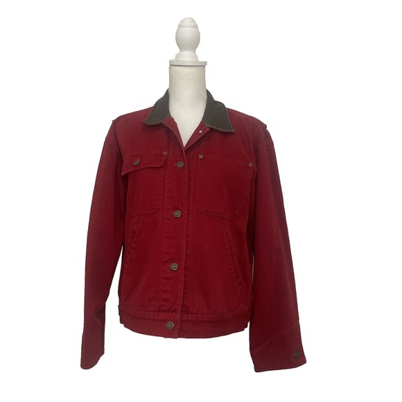 Vintage Jones Jeans Women's Red Denim Jacket Metal Buttons Leather Colla… - Picture 1 of 13
